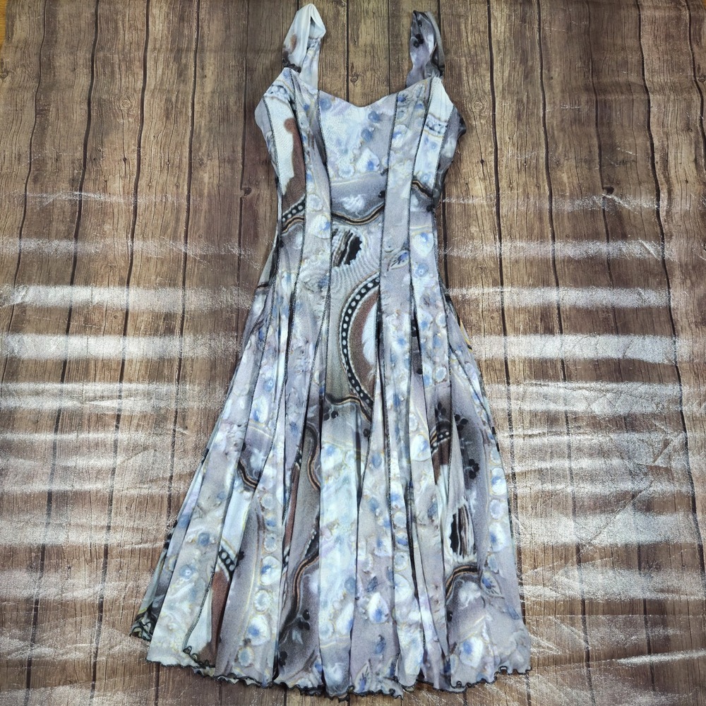 Vintage Elana Kattan Abstract Print Mesh Paneled Dress Women M Y2K Whimsigoth